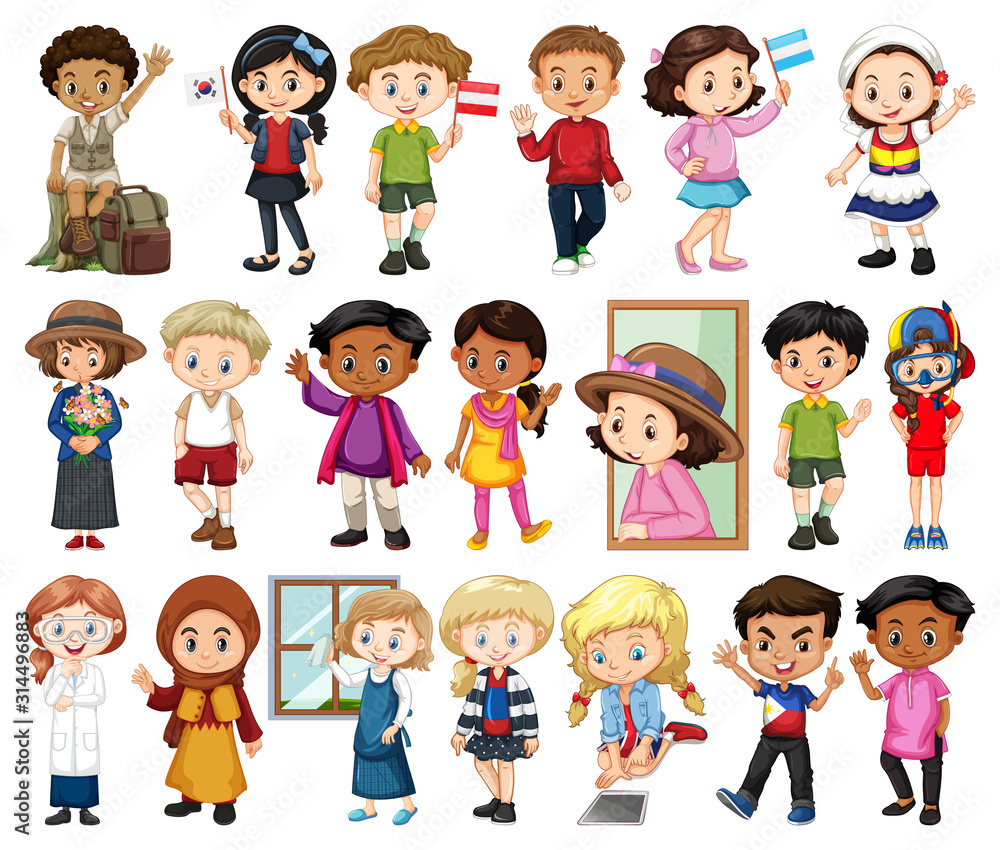Large set of boys and girls doing different activity on white background Large set of boys and girls doing different activity on white background