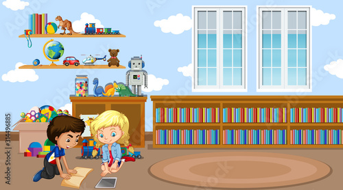 Scene with two kids reading book in the classroom