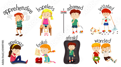 Set of children doing activities with word expressing feelings