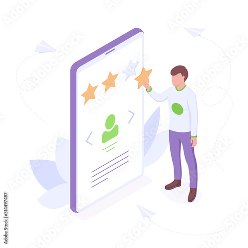 Customer review isometric concept - young man adds star in profile rating showing his satisfaction with good service.