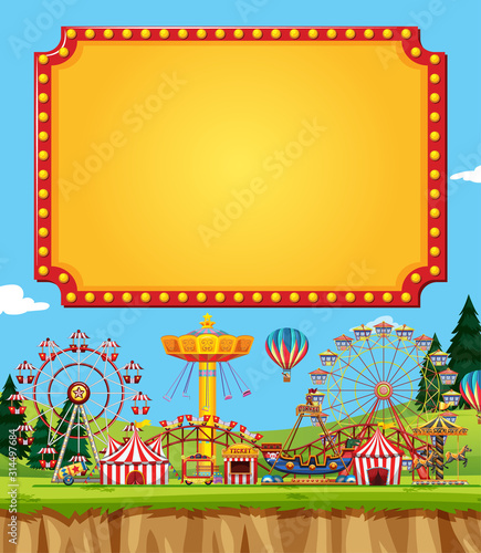 Circus scene with sign template in the sky