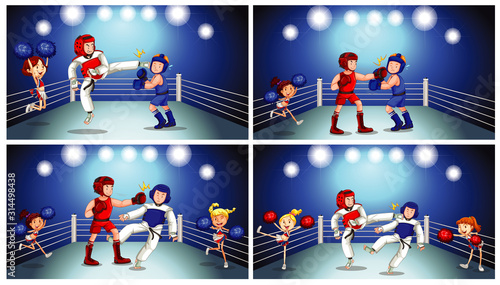Scene with people fighting in the ring arena