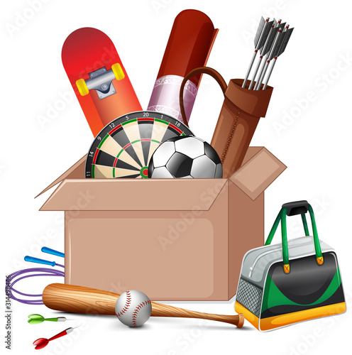 Cardboard box full of sport equipments on white background