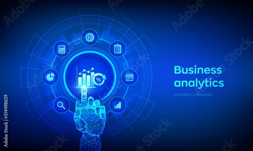 Business data analytics and robotic process automation concept on virtual screen. Profit and revenue of company, BI or KPI concept. Robotic hand touching digital interface. Vector illustration.