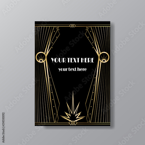 Art Deco elegant page template, Gatsby style for web and print, with moon sun and stars vintage pattern with geometric  lines. Modern design for invitation, luxury gentle golden black background  