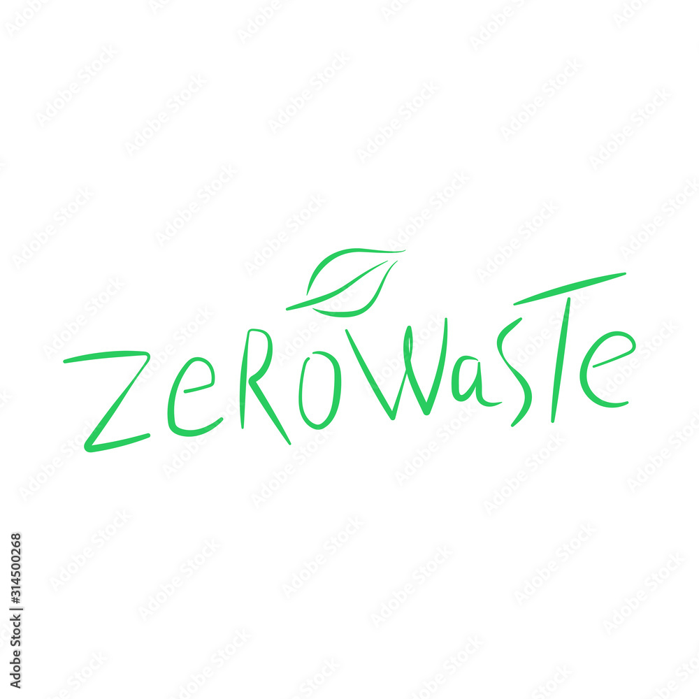 Zero waste handwritten text title sign with green tree leaf. Ecology management concept isolated illustration on white background. Vector illustration. Zero waste handwritten text title sign with green tree leaf. Ecology management concept isolated illustration on white background. Vector illustration.