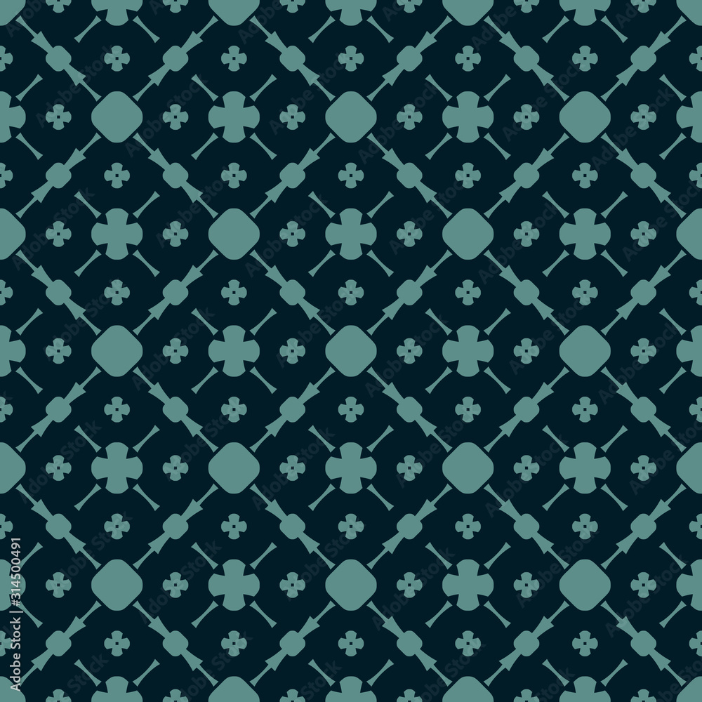 Simple floral texture, vintage geometric pattern with small flowers, circles, grid. Vector abstract repeat background in black and turquoise colors. Delicate dark design for decoration, fabric, cloth