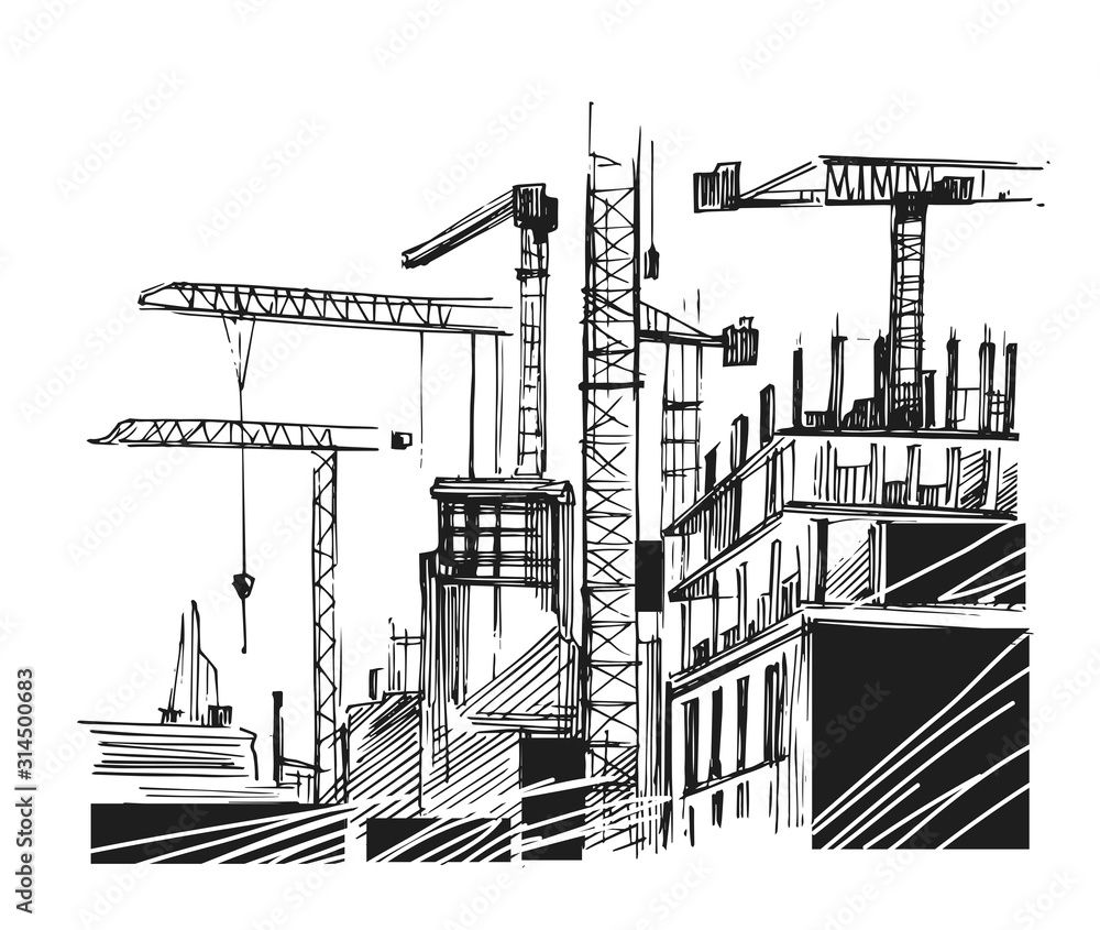 Building construction. Sketch of industrial landscape. Hand drawn ...