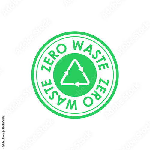 Zero waste circle icon with the Mobius strip in center. Zero waste text around the edge of the circle. Ecology and environment protection. Vector illustration.
