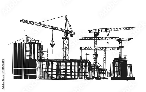 Building construction. Sketch of industrial landscape. Hand drawn illustration converted to vector