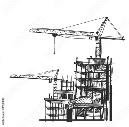 Building construction. Sketch of industrial landscape. Hand drawn illustration converted to vector