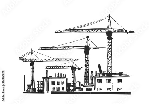 Building construction. Sketch of industrial landscape. Hand drawn illustration converted to vector