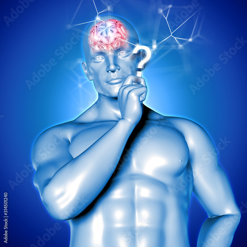 3D render of a human figure thinking with brain highlighted