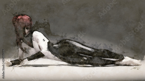 Digital artistic Sketch  based on a self-created 3D Illustration of a Female in Black and White