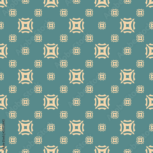 Retro vintage seamless pattern with small geometric shapes, carved squares. Simple ornamental texture. Vector abstract background in tan and teal colors. Elegant repeat design for decor, fabric, cloth