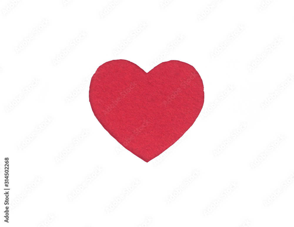 Оne red felt heart on a white isolated background. Stock photo for the day of St. Valentine with empty space for your text. For web, print, postcards and wallpaper.