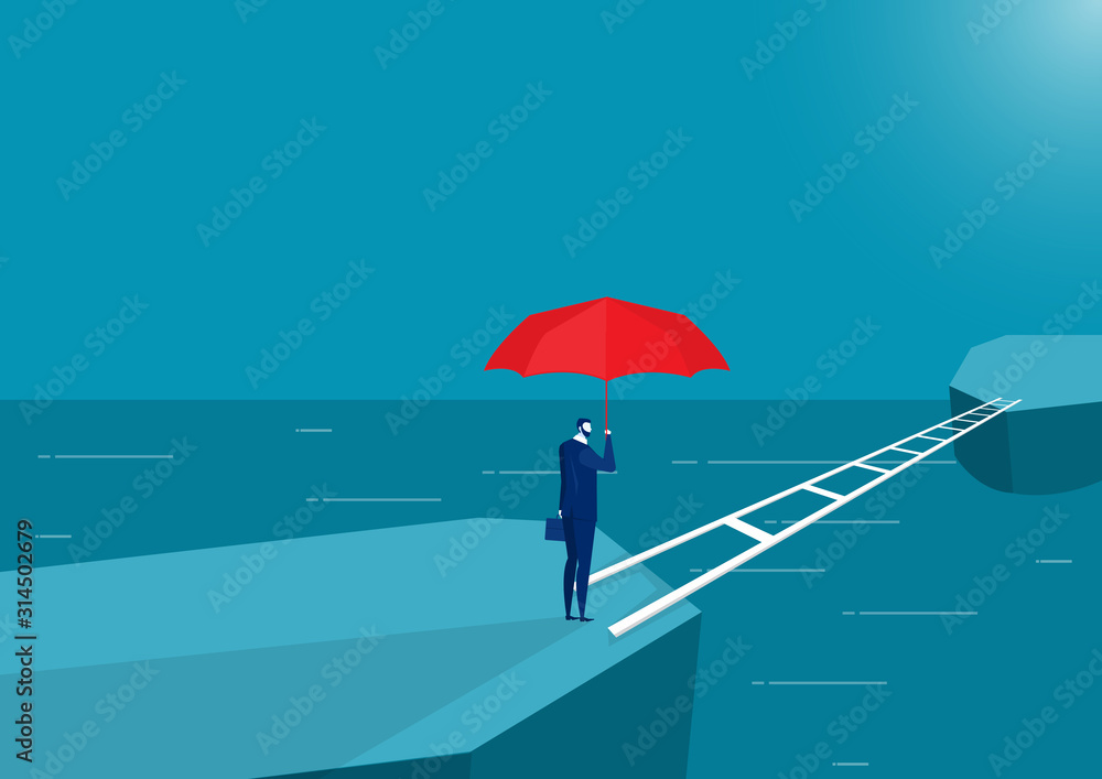 Obraz premium business man holding red umbrella standing thinking crossing bridge forward to new land vector