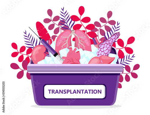 Human organ donor transplantation concept vector for banner, flyer, medical website. Medical red case with ice. World organ Donor Day or Week. Intestine, heart, kidneys, pancreas