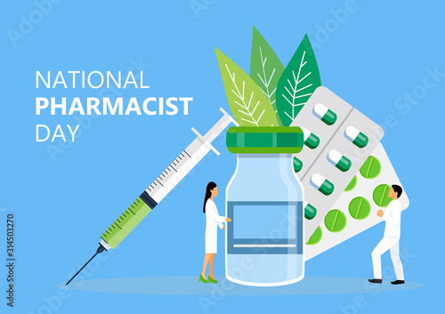 National Pharmacist Day is celebrated in January 12. Doctor of pharmacy is working in drugstore and standing near medicine pills, bottle. Staff helps to choose medicaments. Healthcare concept