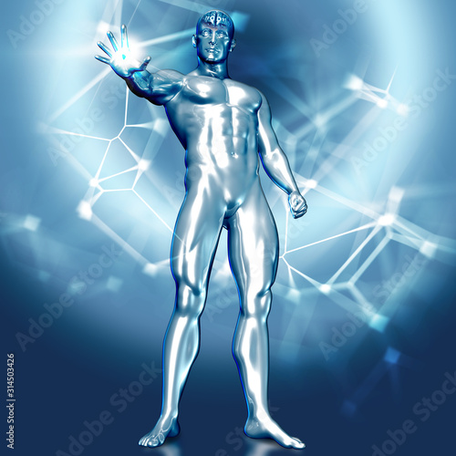 3D render of a human figure with brain highlighted and a light ball in his hand