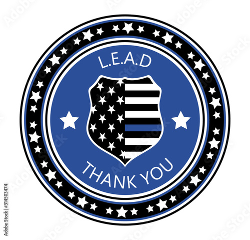 Law Enforcement Appreciation Day is celebreted in USA on January 9th each year. Police shild with US flag and L.E.A.D. slogan. Flat vector with stars for flyer, card, web, banner, emblem