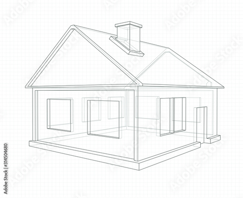 Line drawing of a house, 3D perspective in the style of X-ray, on a notebook sheet of squared paper
