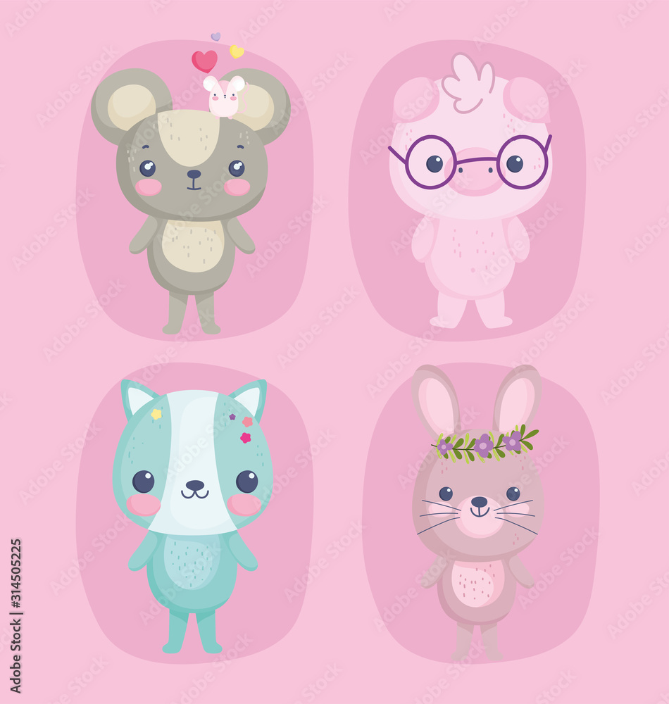 cute animals, little mouses pig with glasses cat and rabbit with flowers cartoon