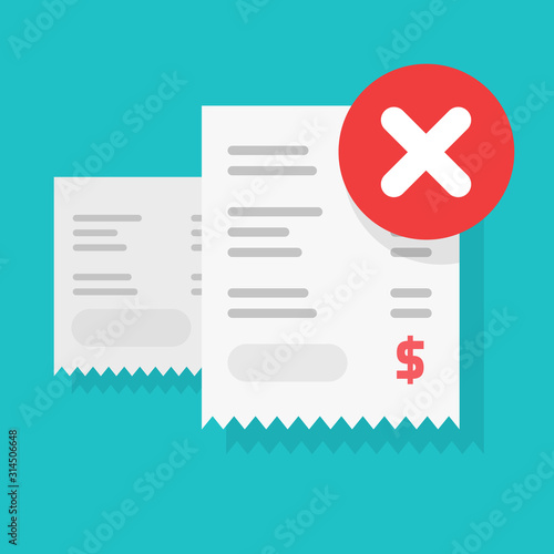 Payment transaction bill declined notice or money transfer alert or caution error sign vector illustration flat cartoon, receipt unsuccessful pay check, rejected purchase, bad fraud finance failure