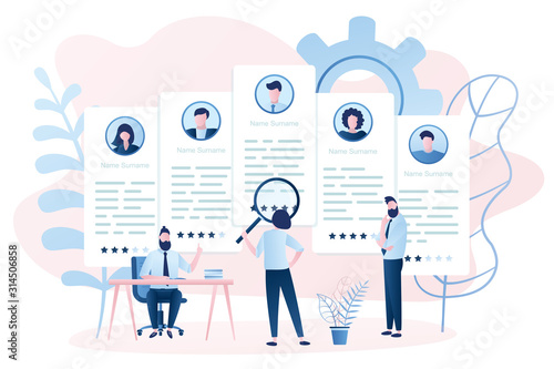 Recruitment agency and five cv resume. Business people looking for workers and hiring, recruiting concept.