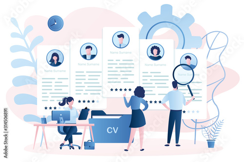 Recruitment agency and five cv resume. Business people looking for workers and hiring, recruiting concept.