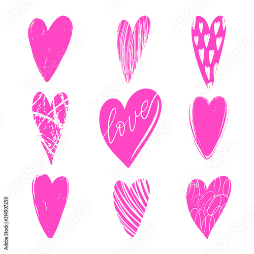 Set of vector texture pink hearts. Love symbol. Beautiful, ornamental hearts for Valentines Day