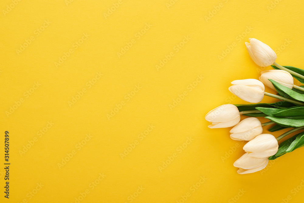 Fototapeta premium top view of spring tulips on colorful yellow background