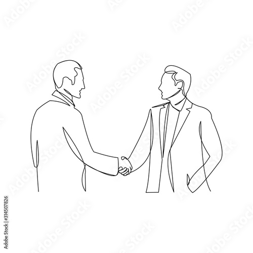 continuous line drawing of two business man is handshake. Vector illustration