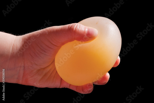 Bouncy egg made by submerging whole raw egg in vinegar for a week. photo