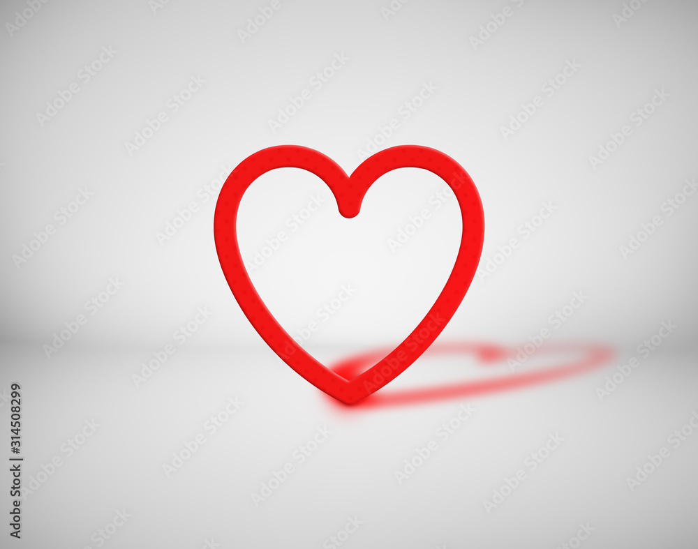 Red heart on light gray or white background. Romantic symbol of love and Valentine's Day.