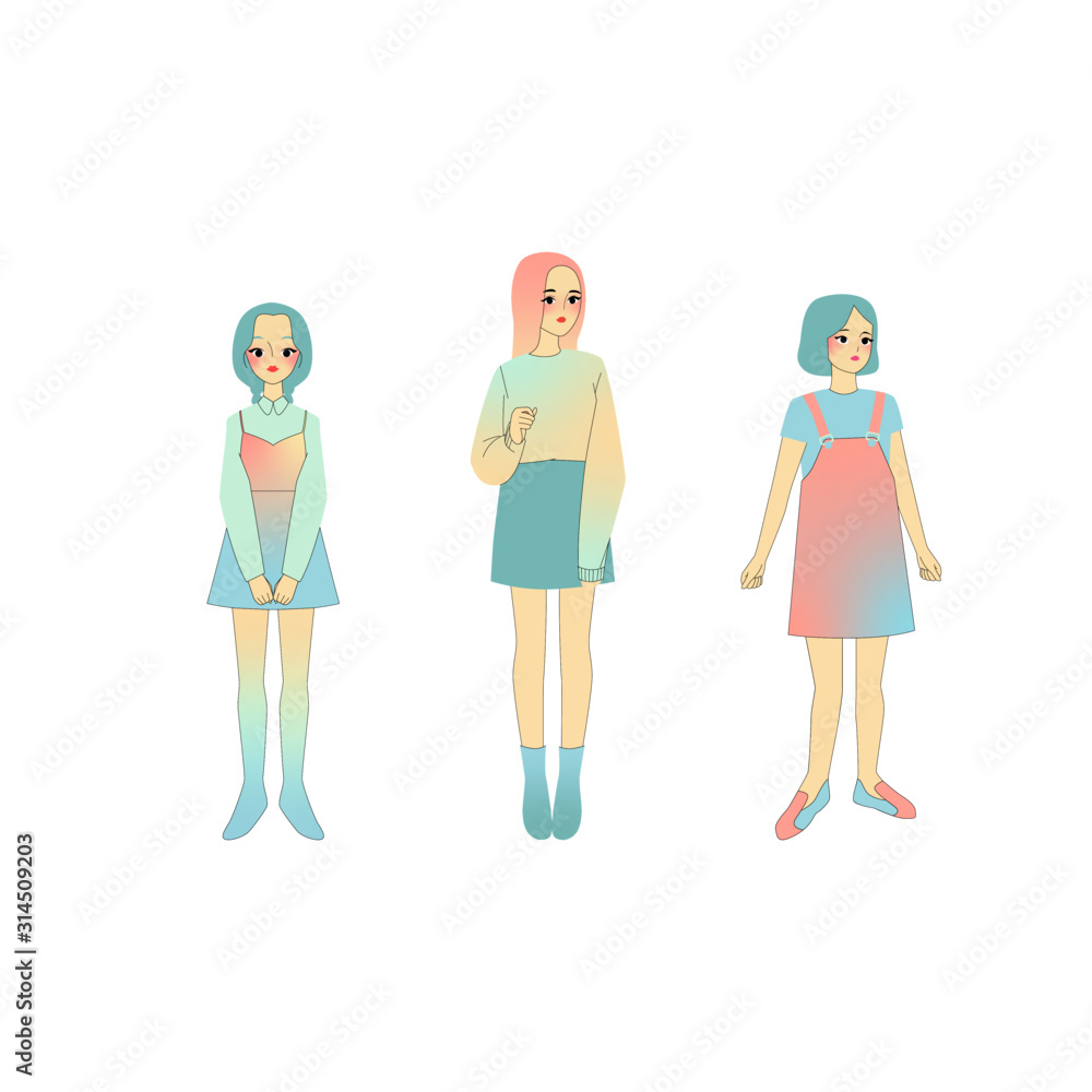 set of three cute cartoon pastel girls character set of three cute cartoon pastel girls character