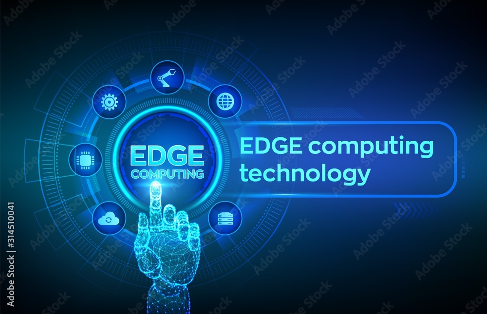 Edge computing modern IT technology on virtual screen concept. Edge computing industry 4.0 concept. Internet of things. Robotic hand touching digital interface. Vector illustration. Edge computing modern IT technology on virtual screen concept. Edge computing industry 4.0 concept. Internet of things. Robotic hand touching digital interface. Vector illustration.