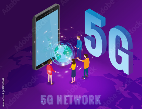 Isometric 5G network wireless technology template. Isometric smartphone with Earth planet