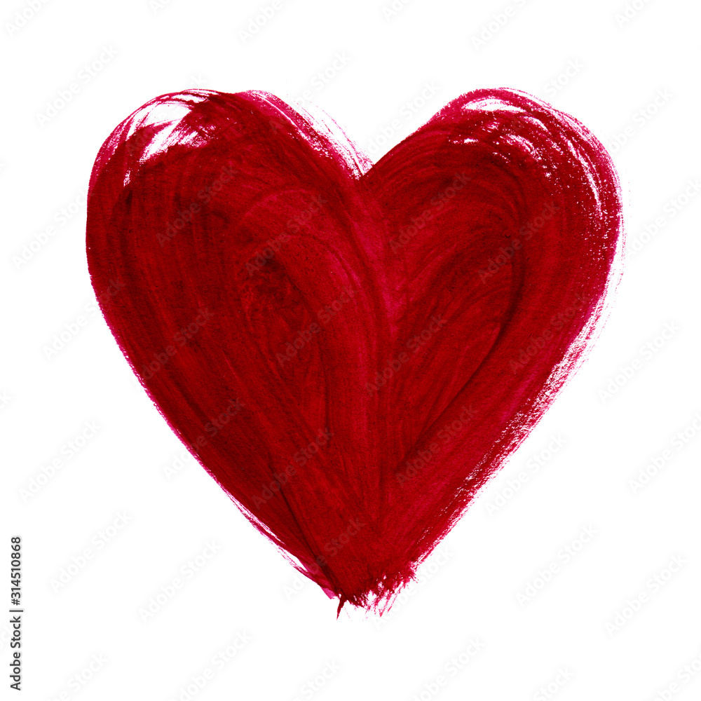 Obraz Ręcznie rysowane malowane czerwone serce, element projektu. Piękne serce grunge. Walentynki. Na wakacje, pocztówka, plakat, karnawał, baner, ilustracja urodzinowa. Akwarele serca. Miłość
