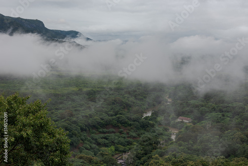View over Kerala rainforest on cloudy, overcast day in the monsoon season