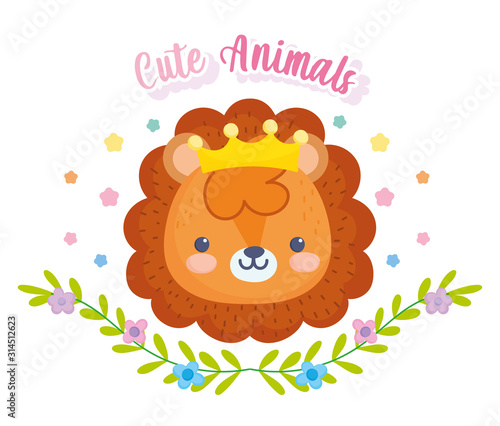 cute animals  little lion with crown foliage leaves