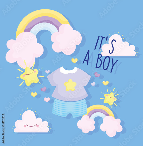 boy or girl, gender reveal its a boy clothes rainbow clouds stars card