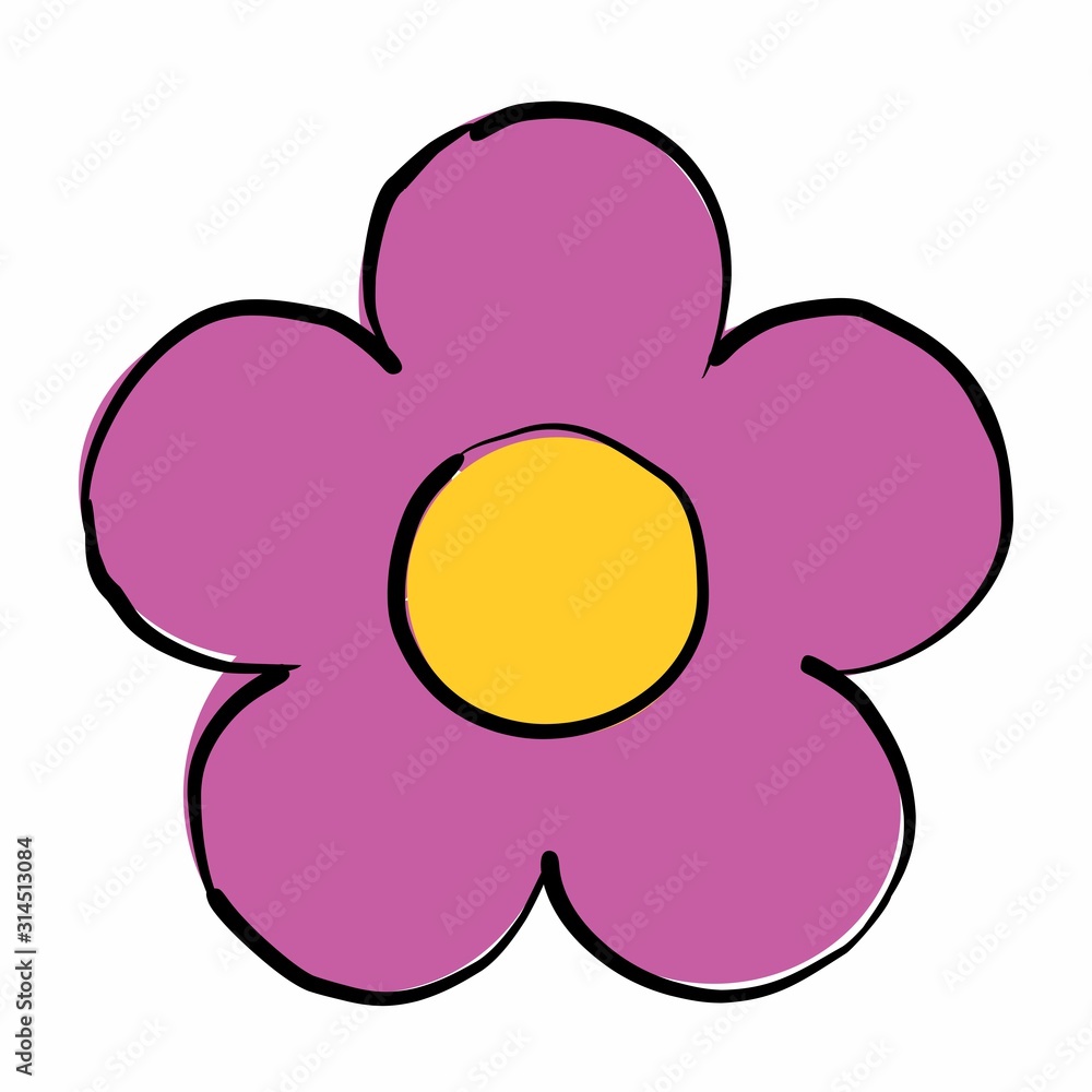 Single flower freehand colorful illustration. Black outlines on white background.