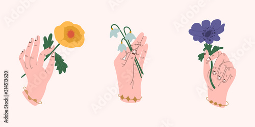Various flowers in hands. Trendy vector illustration. Design template for card, poster, flyer and other users. Eps 10.