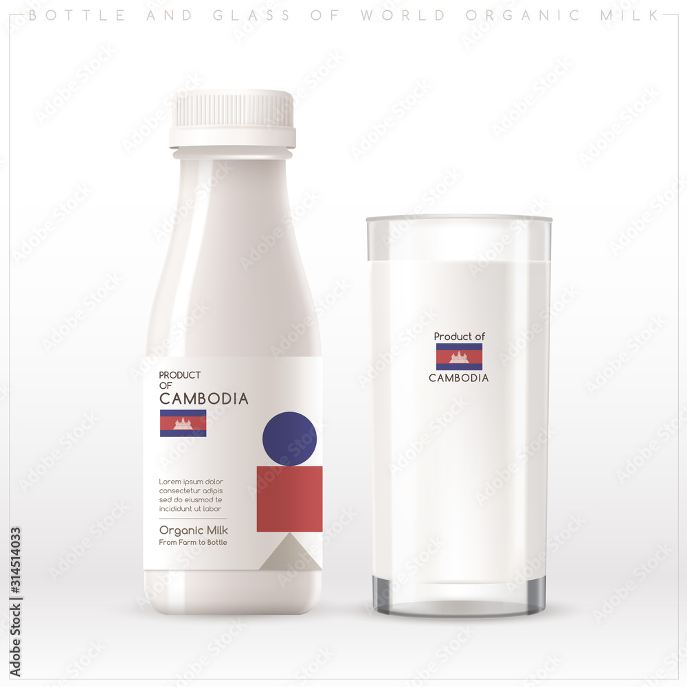 Bottle and glass of world organic milk with geometrical pattern on the label isolated on white background : Vector Illustration Bottle and glass of world organic milk with geometrical pattern on the label isolated on white background : Vector Illustration
