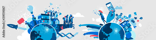 Contemporary world, technology, global society development, processes - Vector