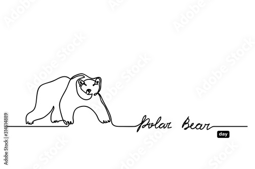 Polar bear day vector background. One continuous line drawing, banner, illustration with lettering Polar bear