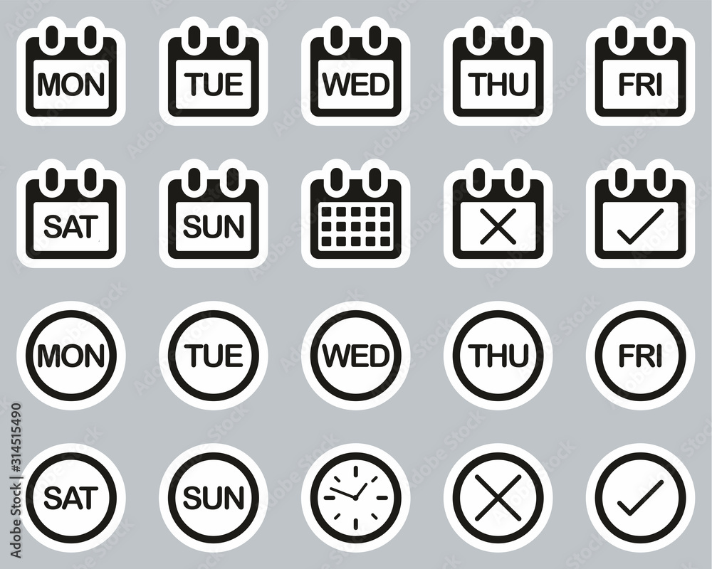 days-of-the-week-icons-black-white-sticker-set-big-stock-vector