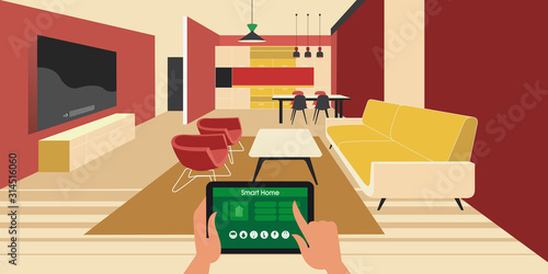 Smart Home. Controlling IoT appliances using a tablet over a network. Flat isometric vector illustration.