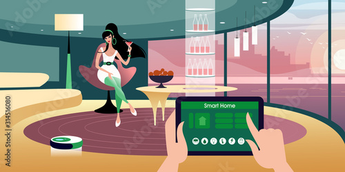 Smart Home Technology makes life at home more comfortable and safer. Manage IoT devices using your tablet over the network. Flat isometric vector illustration.